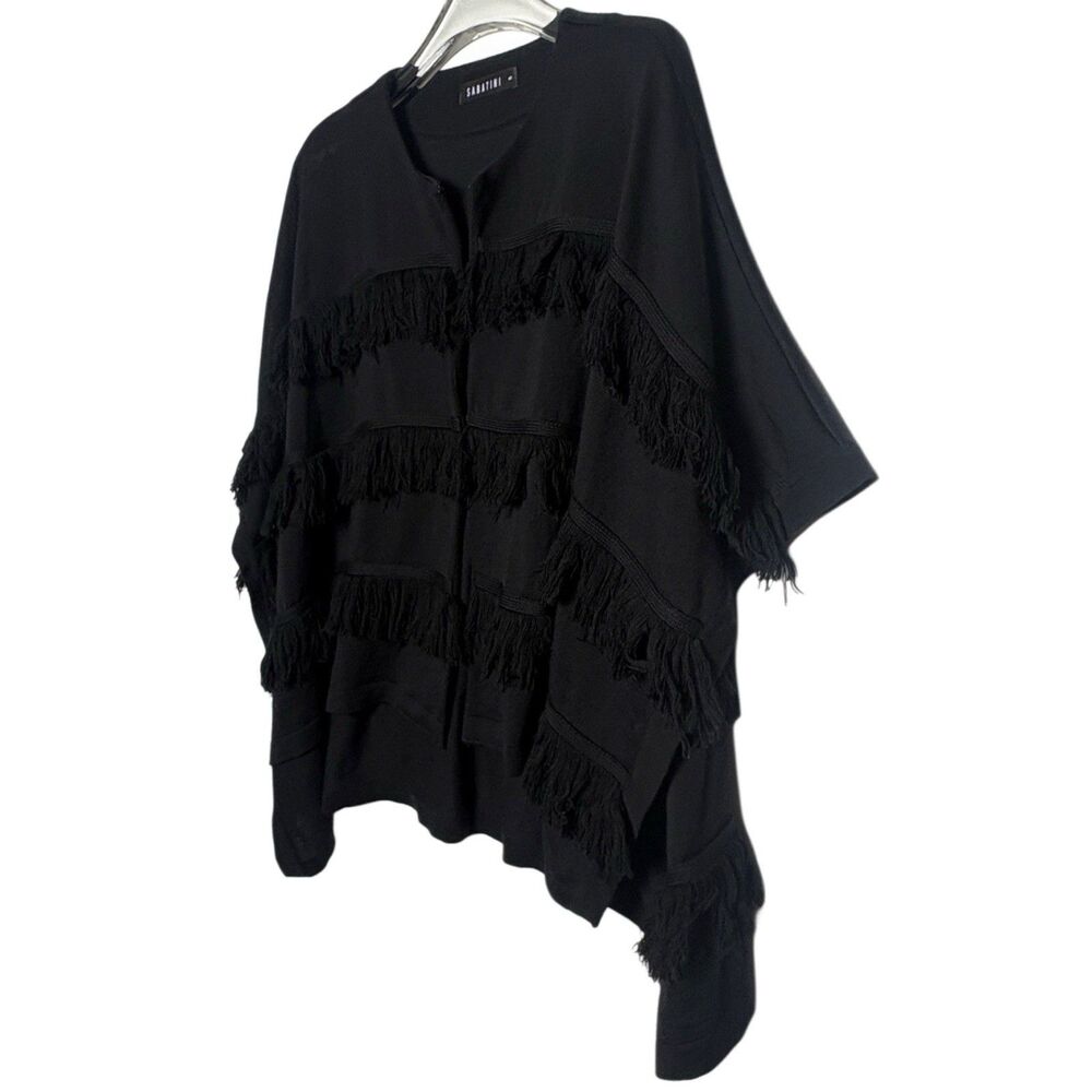 Sabatini Fringed Poncho Cardigan Small Black Merino Wool Oversized 40" Layered